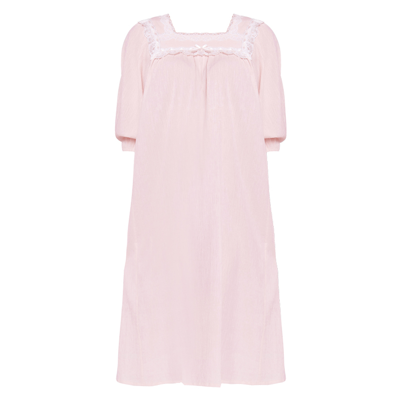 乐潘朵 纯棉蕾丝七分袖长款睡裙衣女韩版清新学生宽松家居服