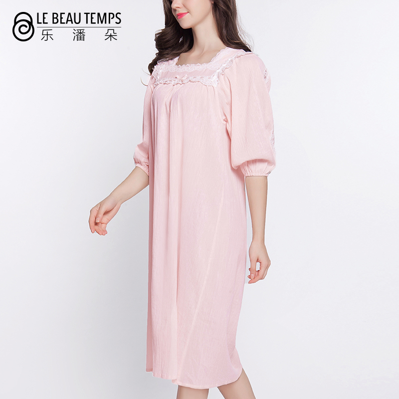 乐潘朵 纯棉蕾丝七分袖长款睡裙衣女韩版清新学生宽松家居服