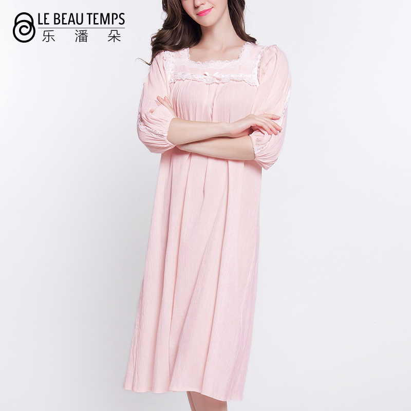 乐潘朵 纯棉蕾丝七分袖长款睡裙衣女韩版清新学生宽松家居服