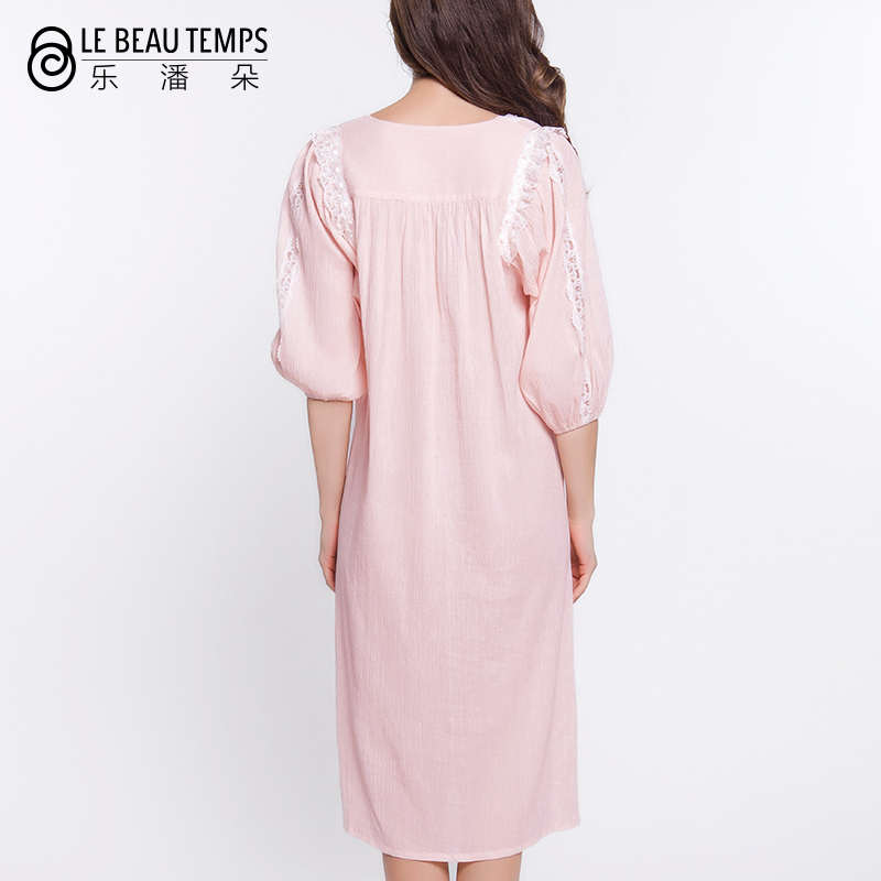 乐潘朵 纯棉蕾丝七分袖长款睡裙衣女韩版清新学生宽松家居服
