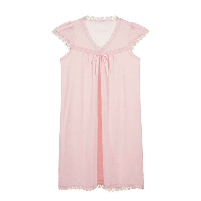 新品 乐潘朵睡衣女秋冬V领花边宽松大码短袖长裙A字型家居服睡裙