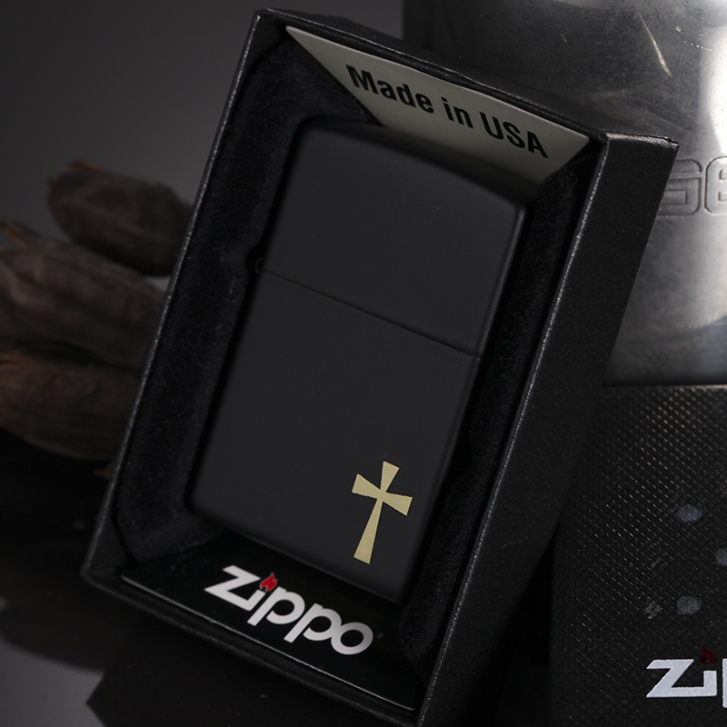 zippo之宝24721黑金十字架–黑哑漆 防风打火机美国原装