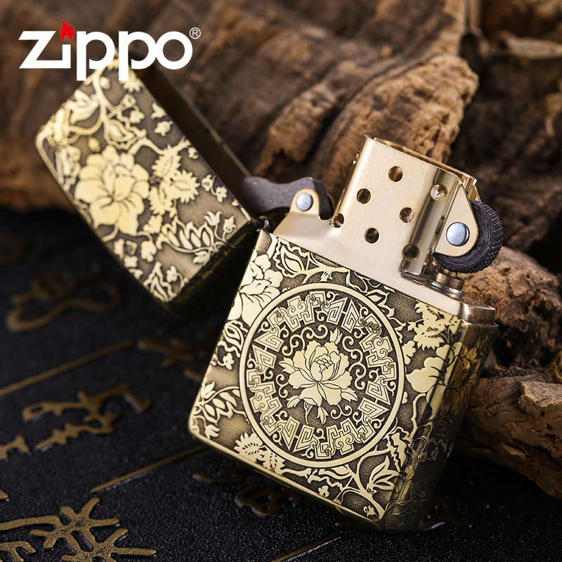 zippo原装正品打火机 芝宝正版纯铜精细雕刻富贵牡丹防风打火机