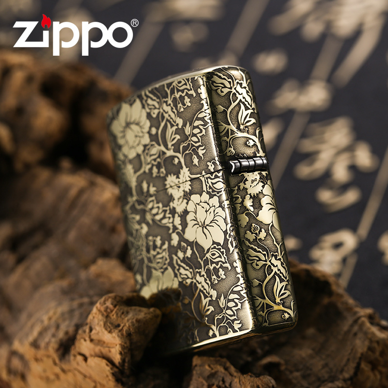 zippo原装正品打火机 芝宝正版纯铜精细雕刻富贵牡丹防风打火机