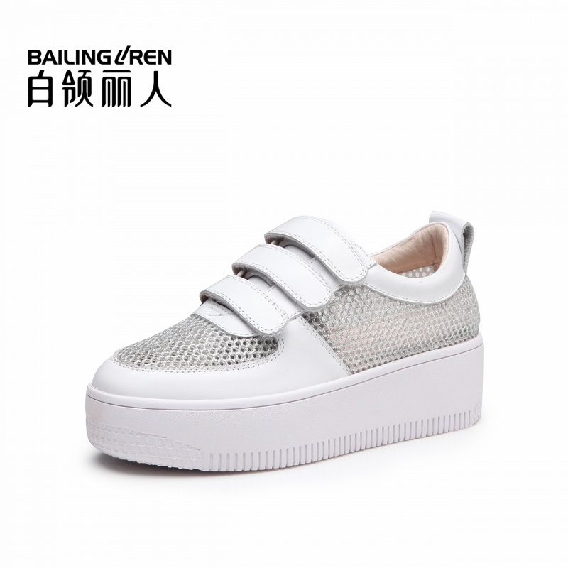 白领丽人春季新品牛皮配纱网时尚魔术贴厚底休闲鞋