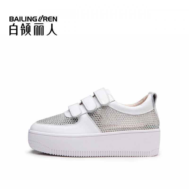 白领丽人春季新品牛皮配纱网时尚魔术贴厚底休闲鞋