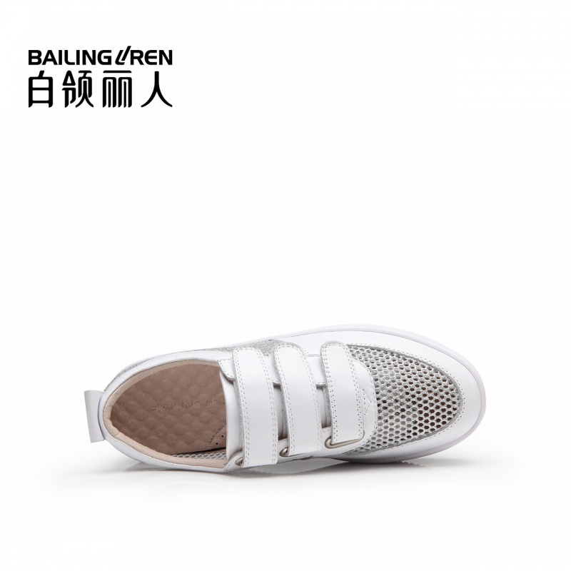 白领丽人春季新品牛皮配纱网时尚魔术贴厚底休闲鞋