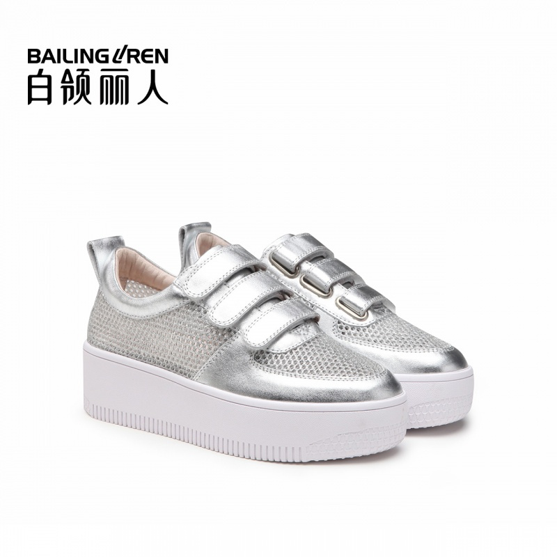 白领丽人春季新品牛皮配纱网时尚魔术贴厚底休闲鞋