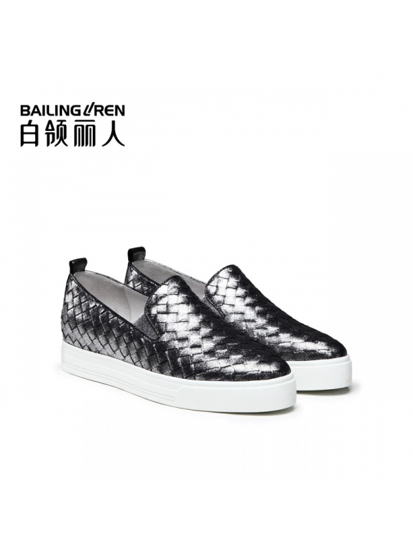 白领丽人春新欧美时尚舒适圆头编织布纹羊皮平底休闲鞋