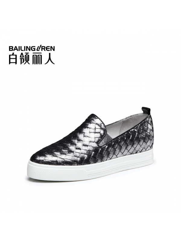 白领丽人春新欧美时尚舒适圆头编织布纹羊皮平底休闲鞋