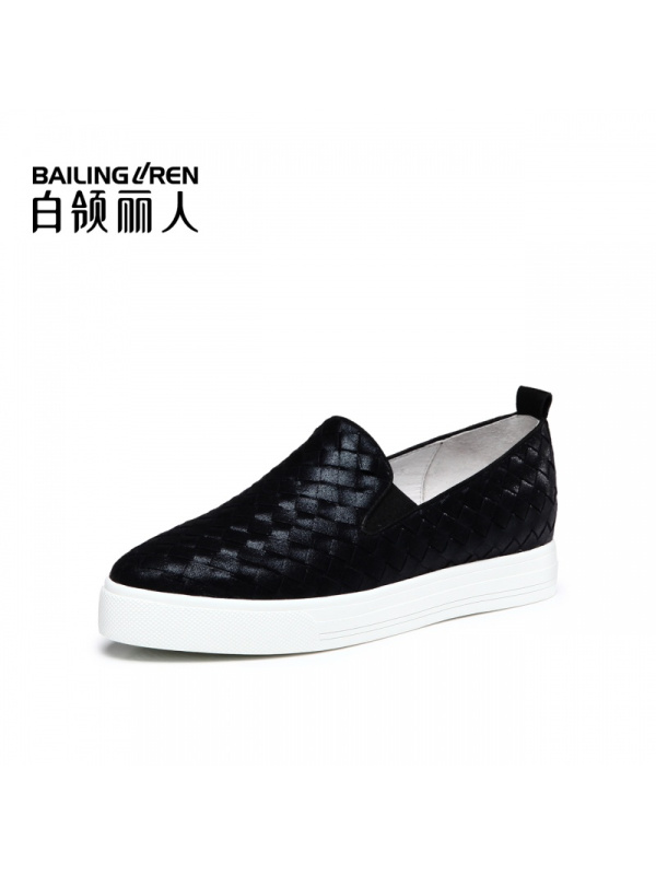 白领丽人春新欧美时尚舒适圆头编织布纹羊皮平底休闲鞋