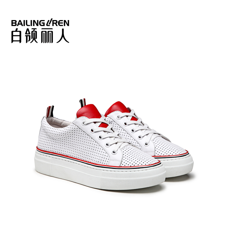 白领丽人夏新款牛皮圆头系带镂空女鞋时尚运动休闲鞋