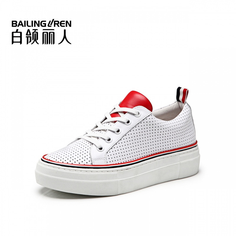 白领丽人夏新款牛皮圆头系带镂空女鞋时尚运动休闲鞋