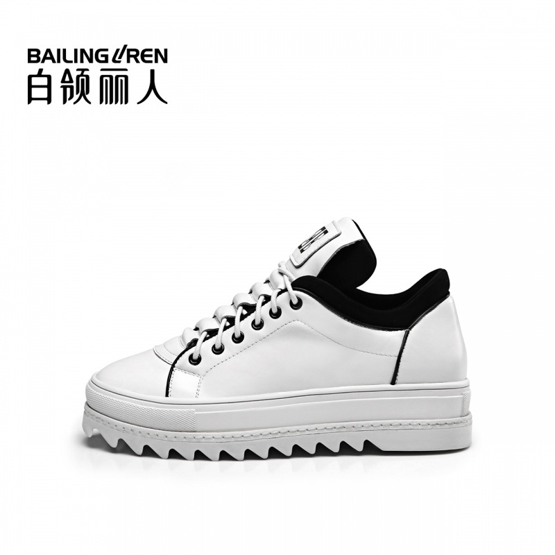 白领丽人秋新款牛皮圆头厚底鞋系带拼色女鞋欧美百搭休闲鞋潮