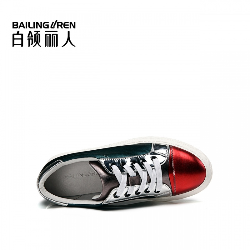 白领丽人秋季新款牛皮圆头平底鞋系带拼色金属色休闲鞋板鞋女