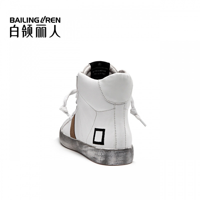 白领丽人秋新款牛皮圆头平底鞋系带运动休闲靴高帮脏脏鞋女鞋