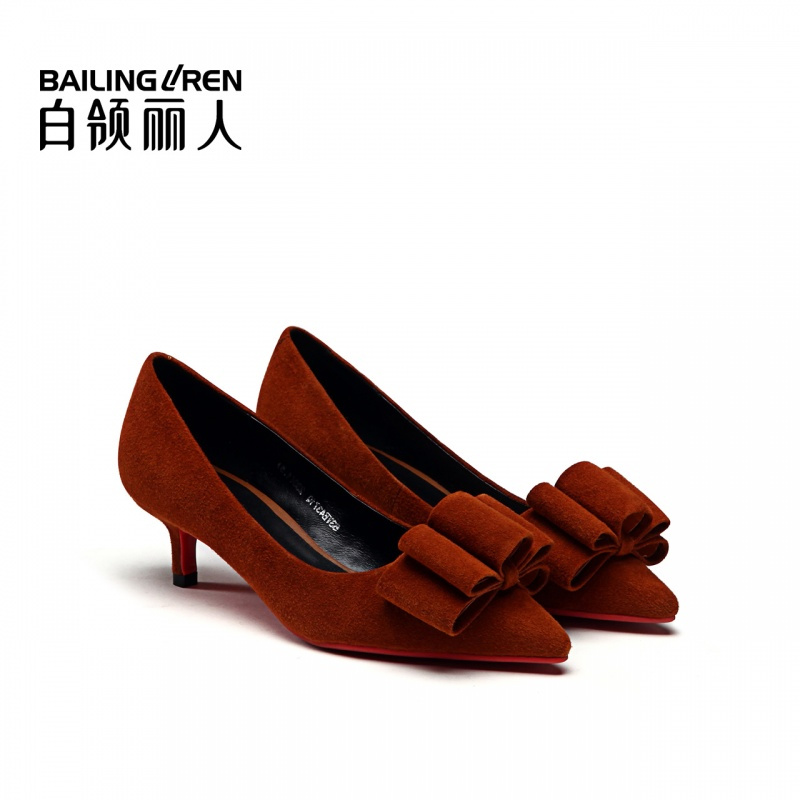 白领丽人秋季新款羊京尖头细跟蝴蝶结欧美时尚浅口单鞋女鞋