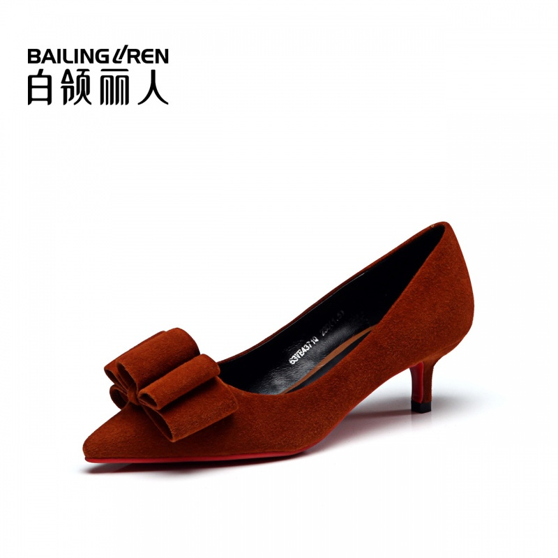 白领丽人秋季新款羊京尖头细跟蝴蝶结欧美时尚浅口单鞋女鞋