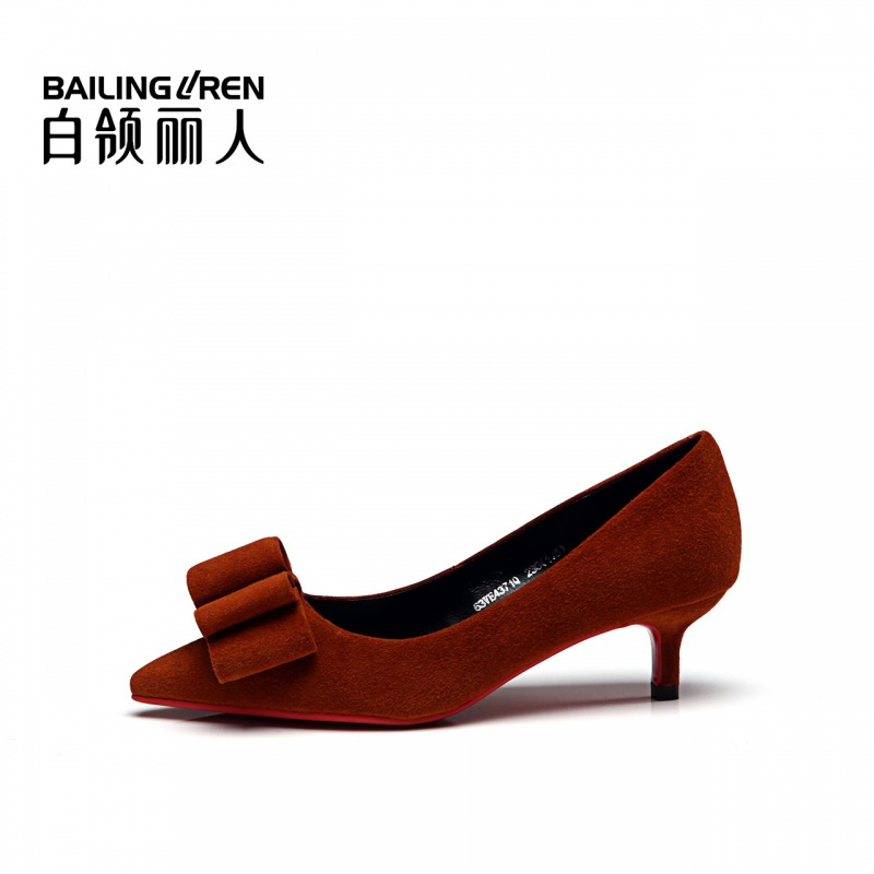 白领丽人秋季新款羊京尖头细跟蝴蝶结欧美时尚浅口单鞋女鞋