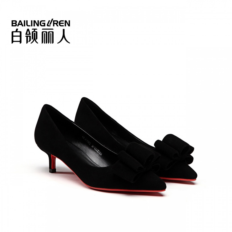 白领丽人秋季新款羊京尖头细跟蝴蝶结欧美时尚浅口单鞋女鞋