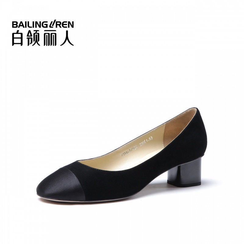 白领丽人春季新款时尚羊京拼接真丝绸缎女鞋圆头粗跟欧美单鞋女鞋