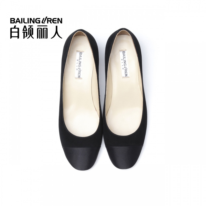 白领丽人春季新款时尚羊京拼接真丝绸缎女鞋圆头粗跟欧美单鞋女鞋