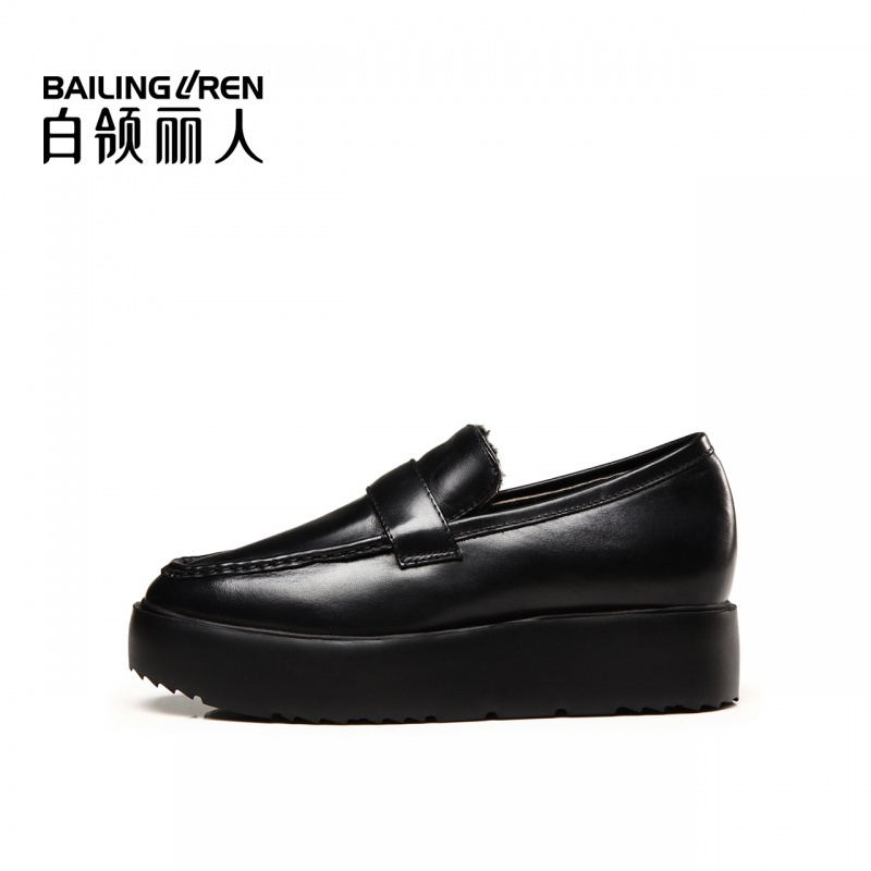 白领丽人秋冬新款时尚牛皮休闲圆头厚底乐福松糕鞋女鞋