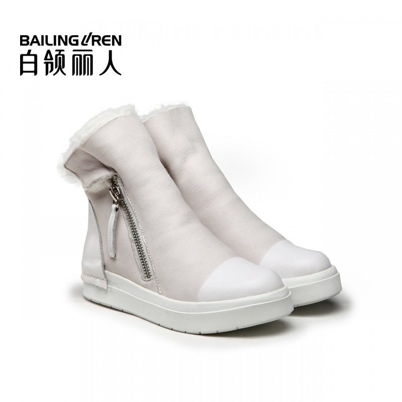 白领丽人秋冬新款时尚羊皮毛一体拼接牛皮休闲圆头女靴
