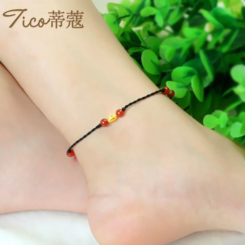 蒂蔻 千福之运橄榄珠黄金脚链女士款足金黑玛瑙脚链黑绳手饰时尚