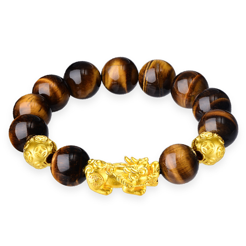 蒂蔻貔貅黄金手链男士款足金铜钱金珠硬金虎眼石手串