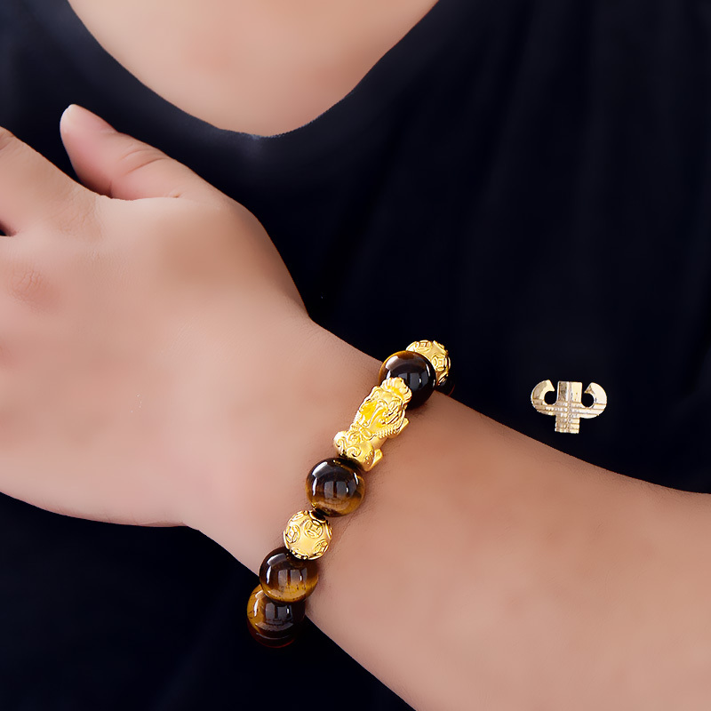 蒂蔻貔貅黄金手链男士款足金铜钱金珠硬金虎眼石手串