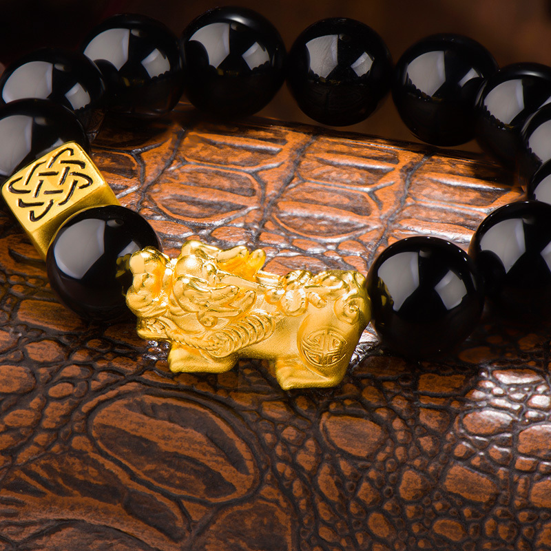 蒂蔻貔貅守护黄金手链男款足金黑玛瑙手串3d硬金手饰品生日礼物送老公
