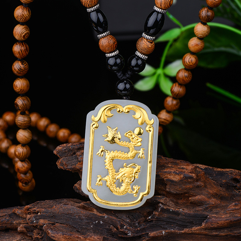 蒂蔻霸气金龙戏珠金镶玉黄金吊坠项链男款足金和田玉镶嵌生肖吊牌木饰