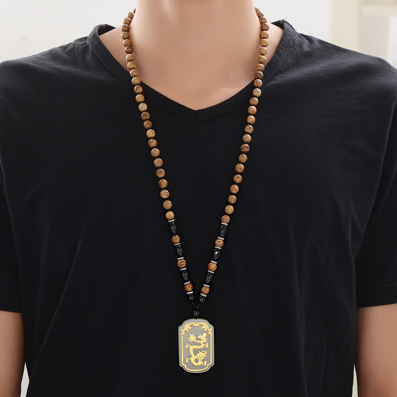 金镶玉黄金吊坠项链男款足金和田玉镶嵌生肖吊牌木饰套链自戴生日送礼