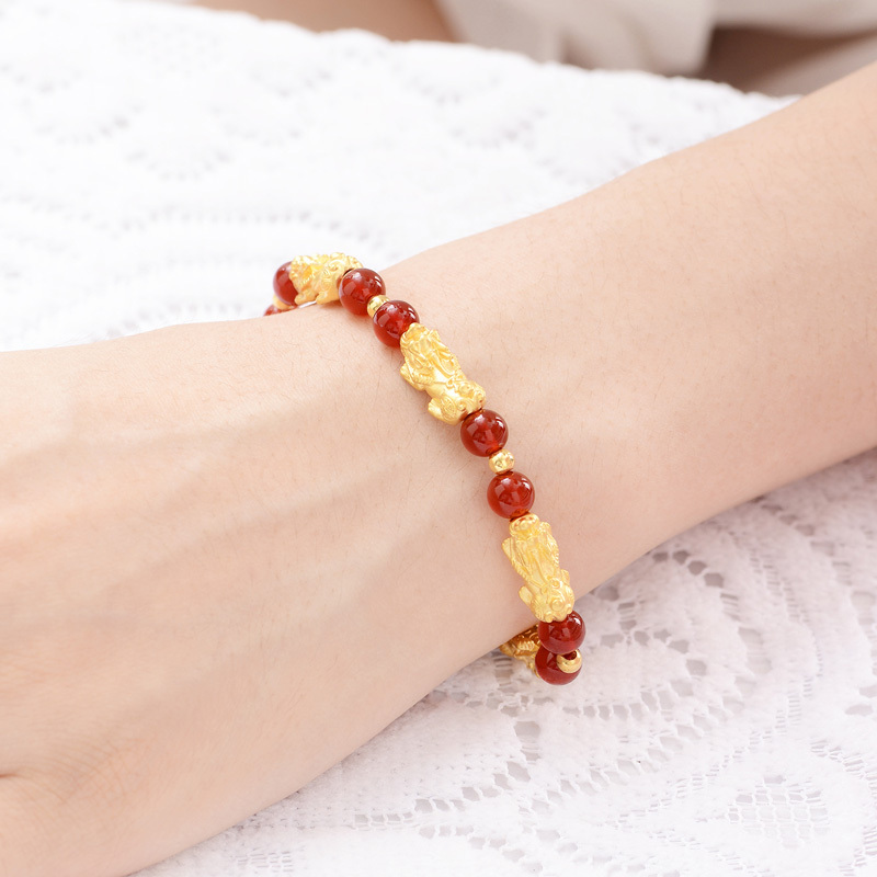 蒂蔻六六大顺黄金手链女款本命年足金红玛瑙手串3d硬金首饰生日礼物送