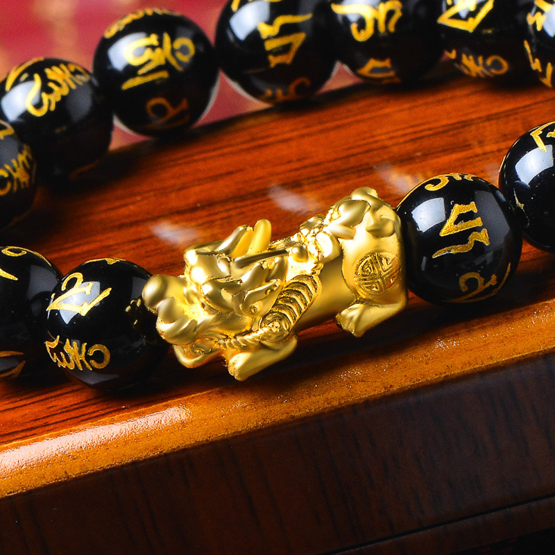 蒂蔻 大版貔貅黄金手链男士款本命年足金六字箴言黑玛瑙路路通手串自