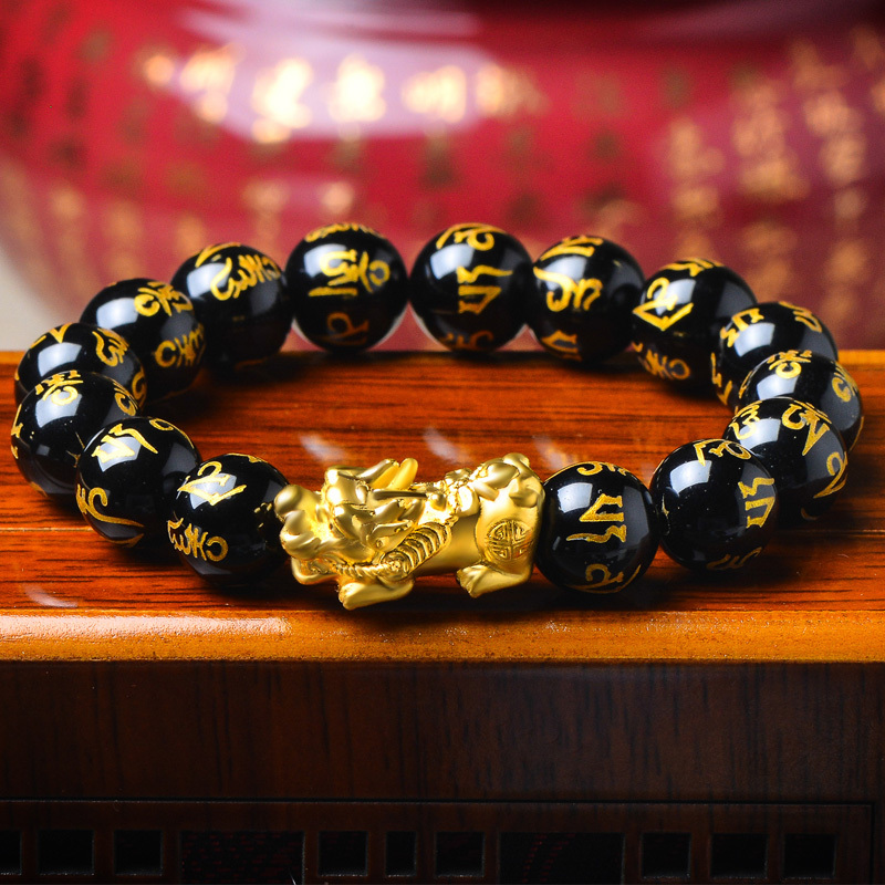 大版貔貅黄金手链男士款本命年足金六字箴言黑玛瑙路路通手串自戴生日