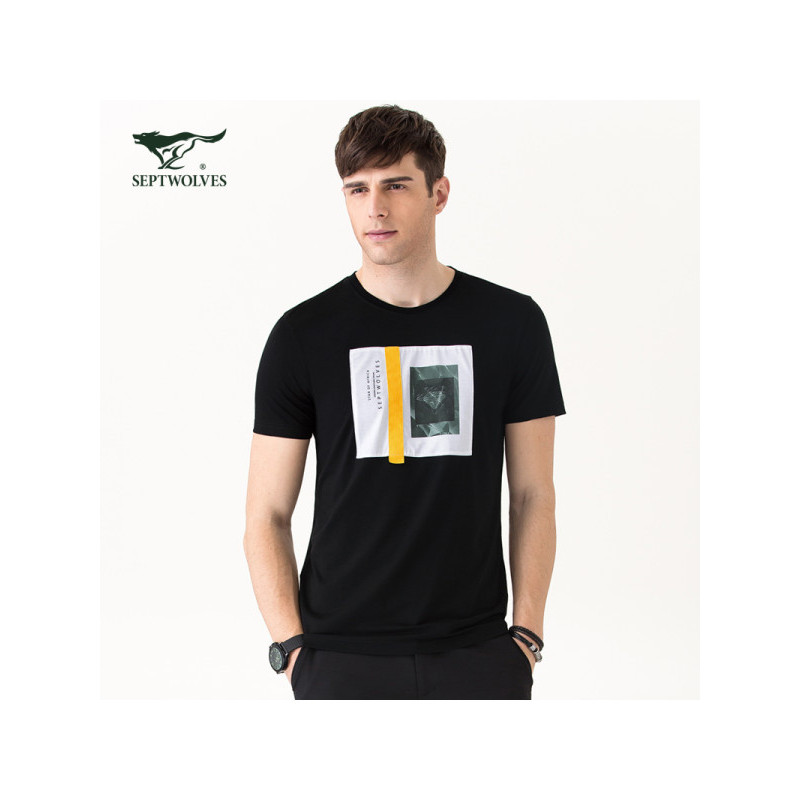 七匹狼短袖t恤男士圆领印花纯棉修身体恤时尚休闲潮流男打底衫潮