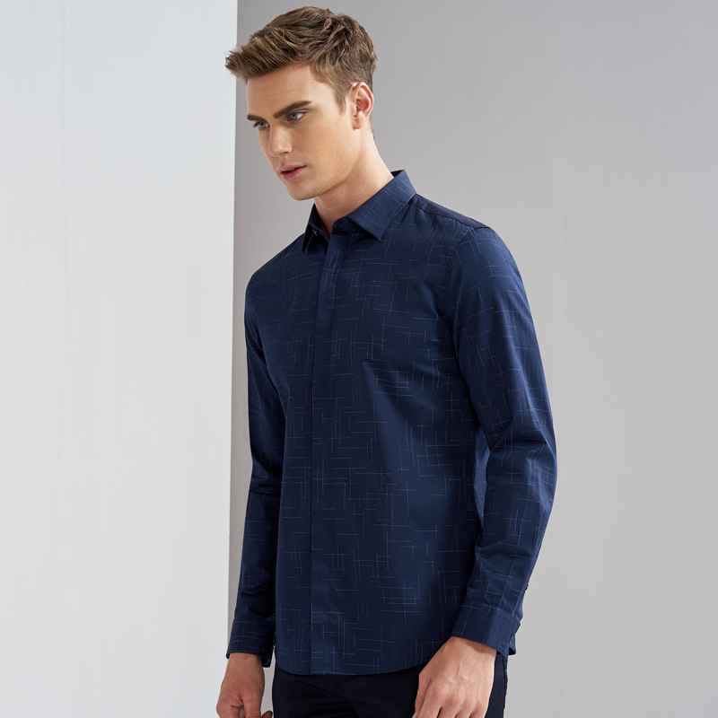 七匹狼长袖衬衫秋季中青年男士时尚商务休闲印花长袖休闲衬衫