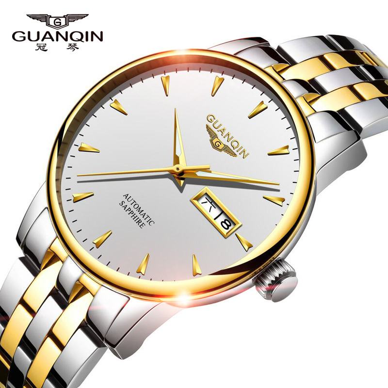 冠琴手表男士防水全自动机械表精钢带夜光超薄双日历商务时尚男腕表