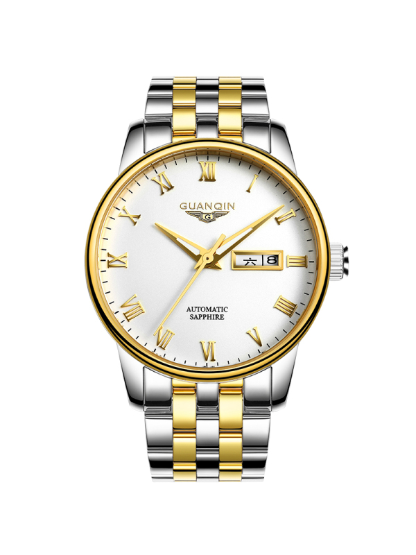 冠琴guanqin正品男士手表防水全自动机械表精钢大三针带夜光超薄星期