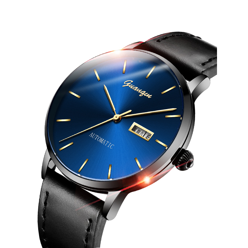 冠琴guanqin男表机械表全自动真皮带防水双日历商务休闲精钢手表男