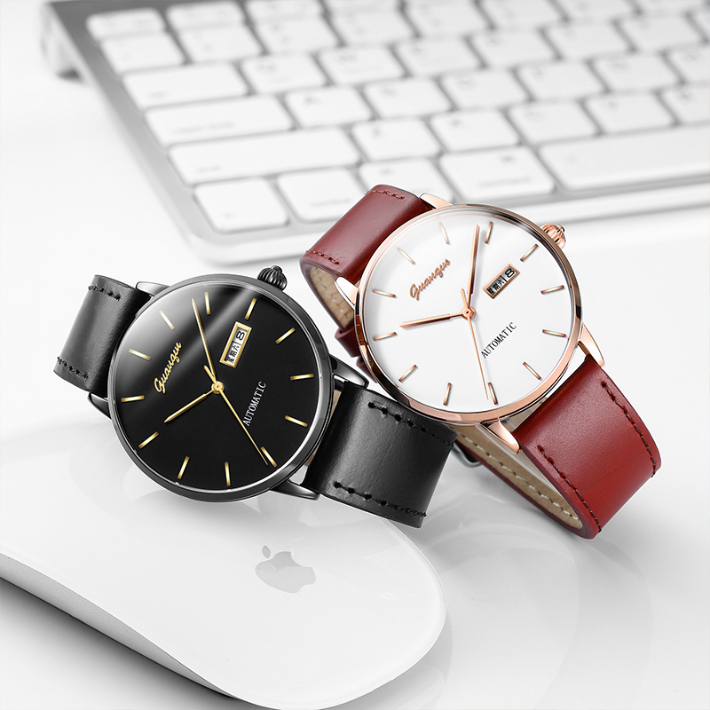 冠琴guanqin男表机械表全自动真皮带防水双日历商务休闲精钢手表男