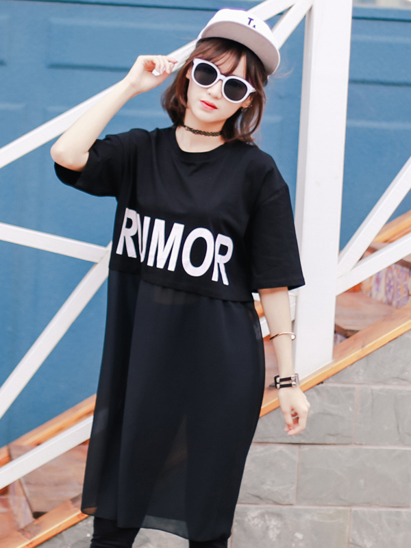 杰斯班雪纺拼接长款t恤连衣裙JP6219