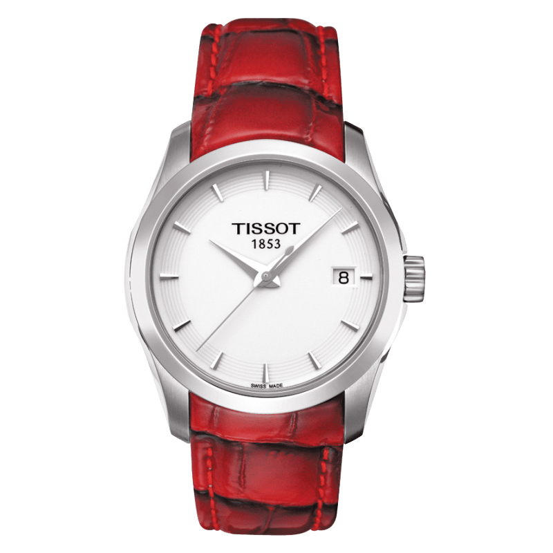 天梭 TISSOT 庫圖女錶白色 T035.210.16.011.01 酒紅色皮帶 腕錶