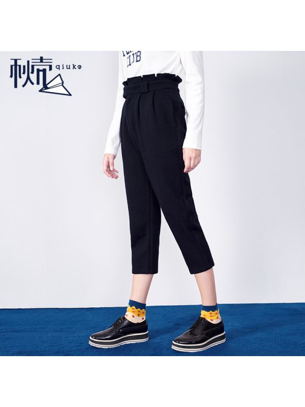 秋壳春装 压褶高腰七分哈伦裤女外穿休闲裤子