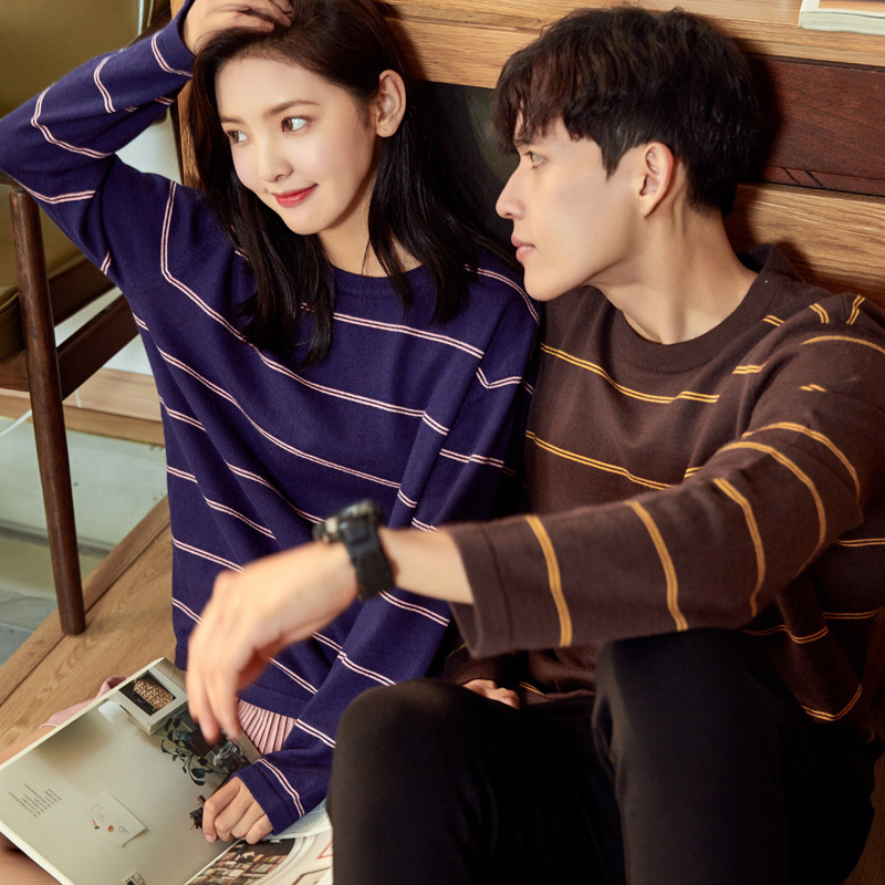 唐狮秋冬情侣装毛衣男女韩版圆领薄款拼接条纹针织衫毛衫男潮