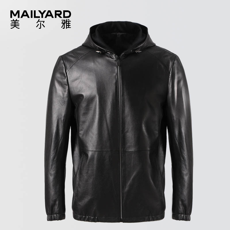美尔雅(MAILYARD)男士皮衣 绵羊皮商务休闲中长款连帽皮服夹克 062