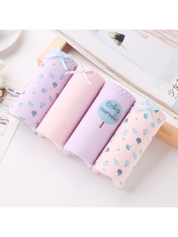 初愫卡通时尚棉质中腰女士三角内裤4条装紫色系