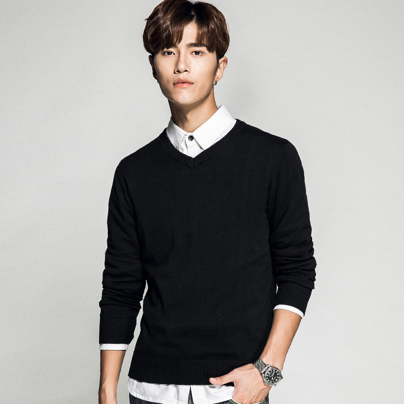 aemape美国苹果毛衣男士秋冬新款修身v领套头针织衫打底时尚上衣